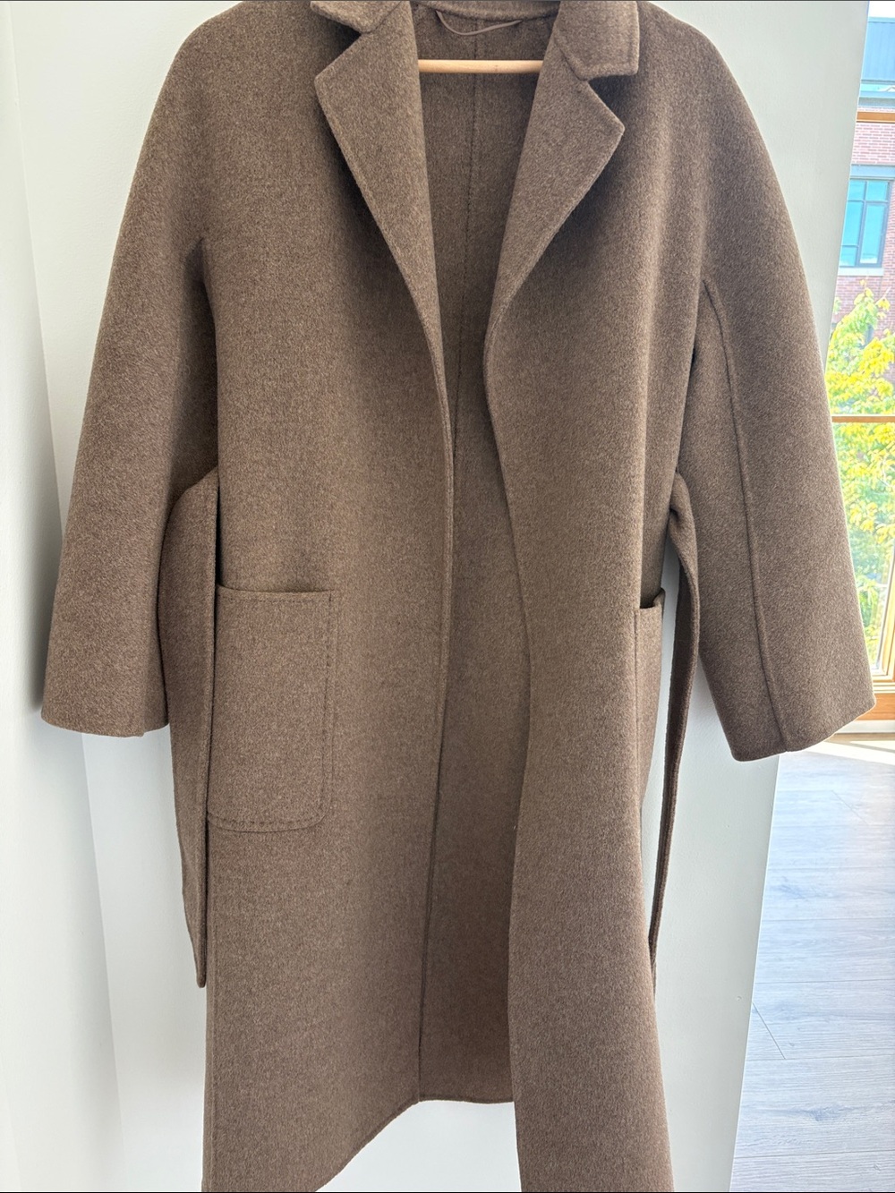 Women's chocolate melange Wool-Blend Coat with Self-Tie Belt